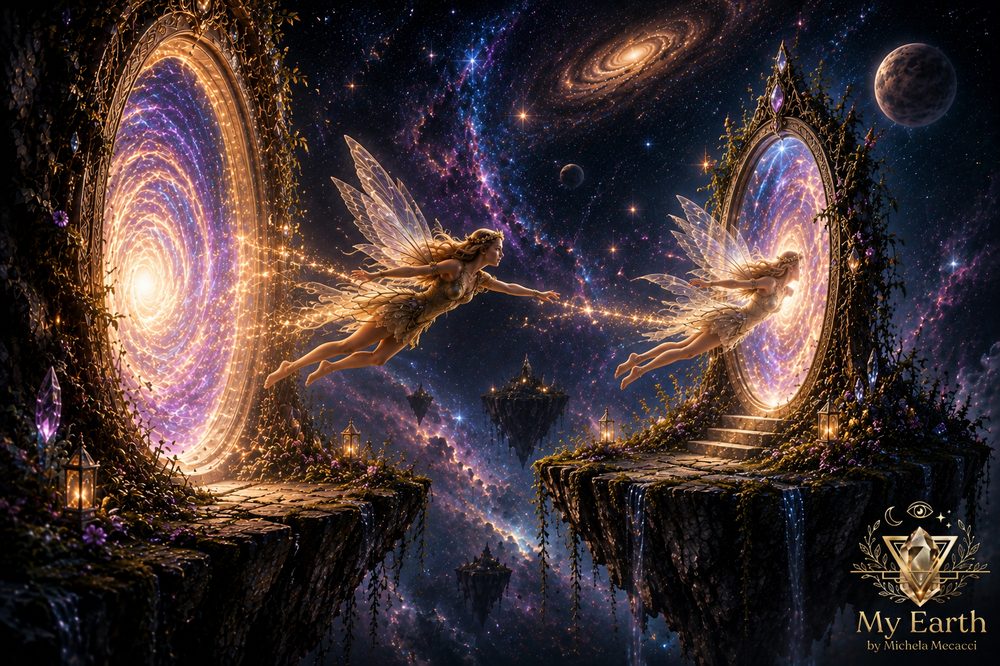Fairy beings flying through cosmic portals