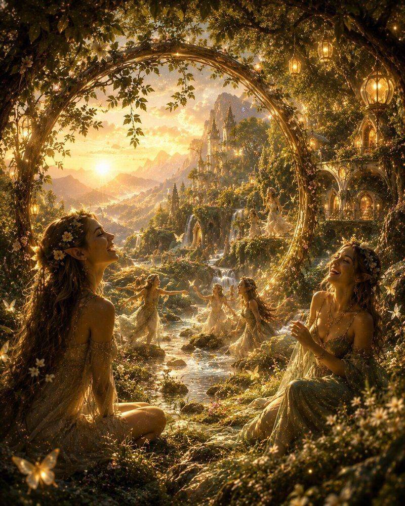 Two elven women laughing together by a glowing river in an enchanted realm
