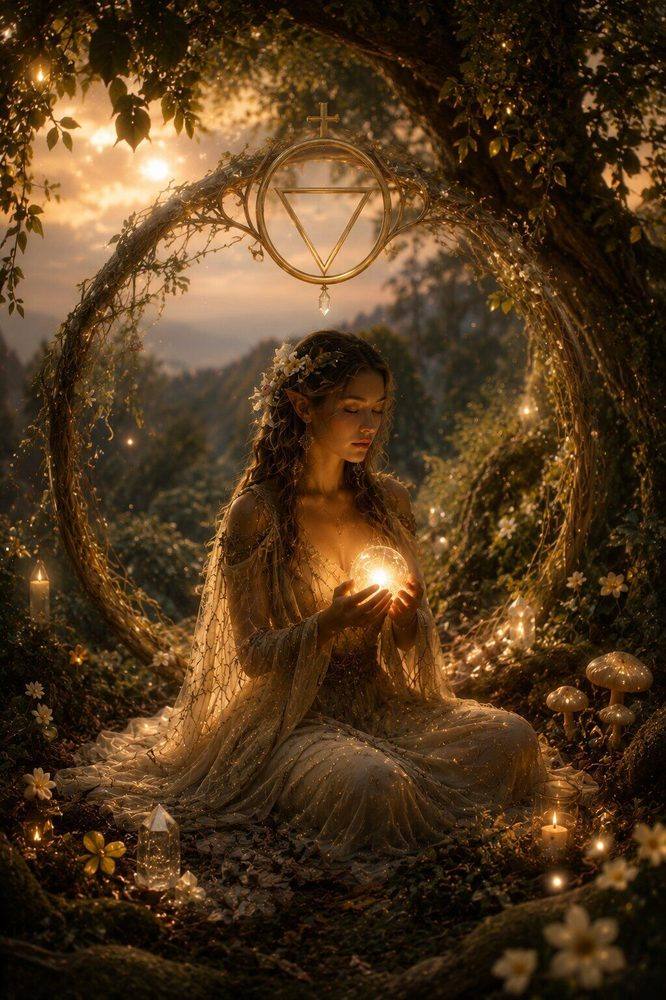 Michela in ritual with a glowing crystal ball