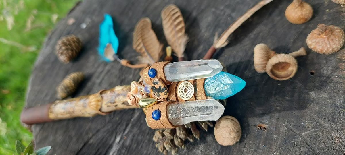 Clear quartz blue crystal wand