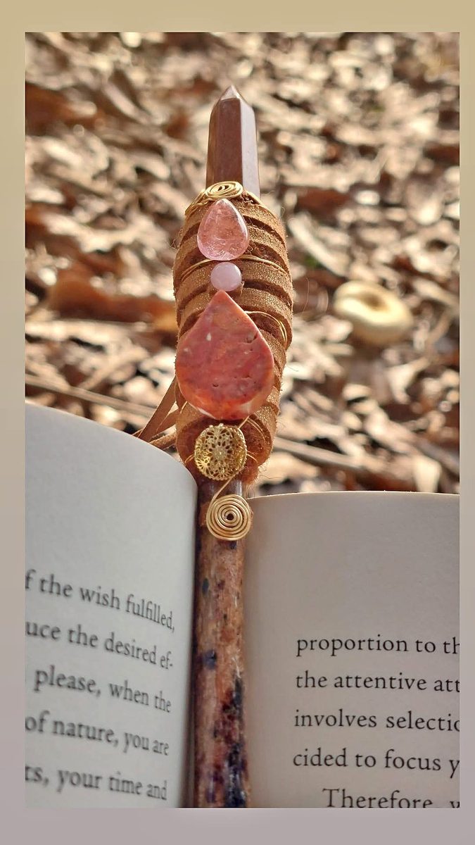 Rose quartz wand with book