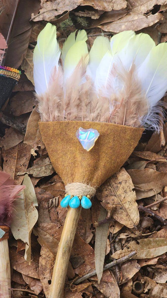 Sacred wand turquoise opal feathers